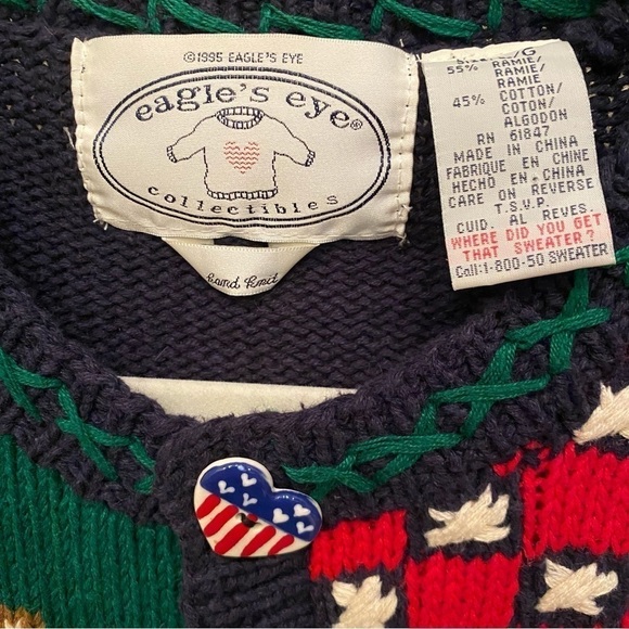 Vintage EAGLE’S EYE 1995 Hand Knit Fun Buttons & Graphic Cardigan Sweater-Large - Picture 8 of 9